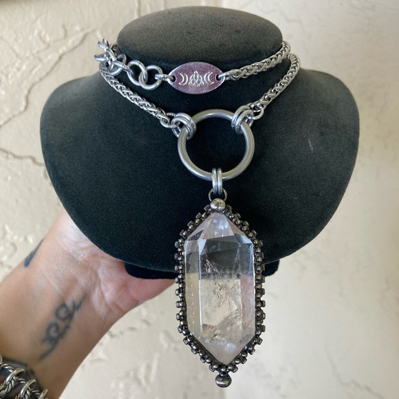 LONG chain BIG 2.5 inch Crystal quartz black electroplated boho goth necklace - Picture 8 of 15